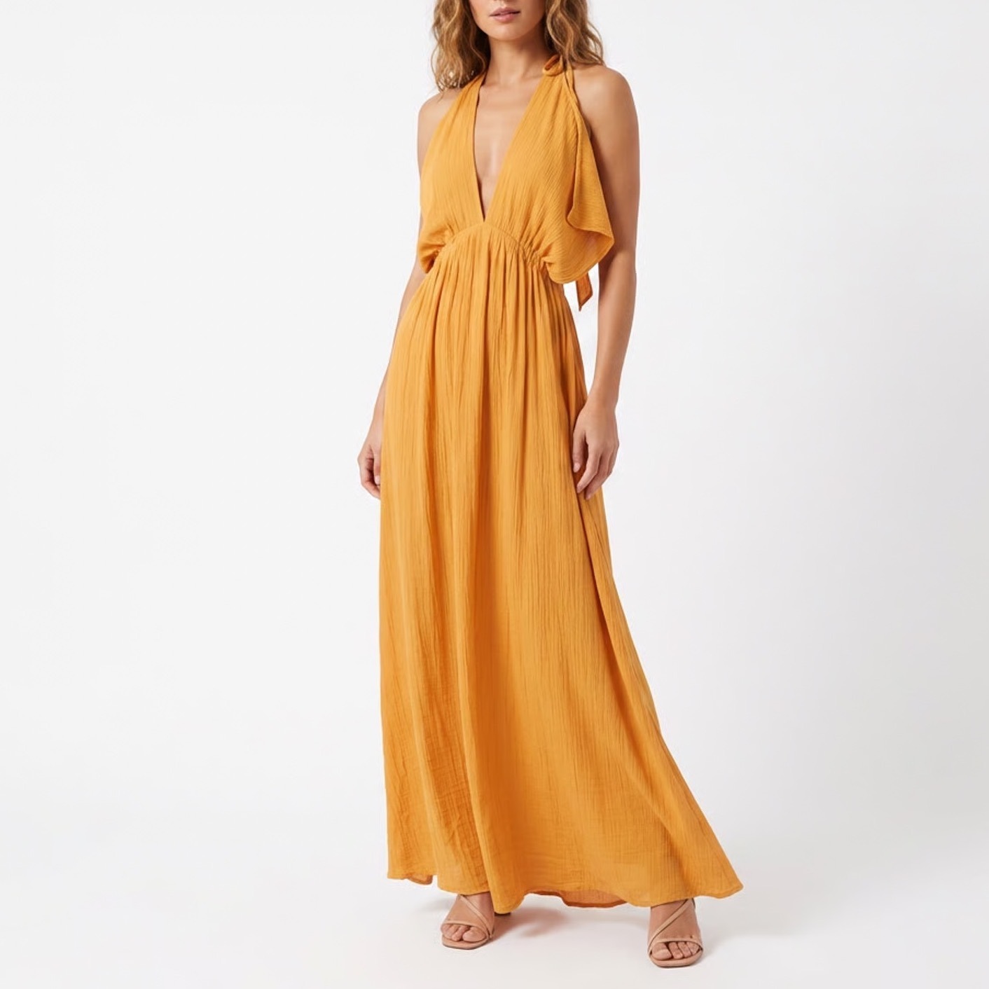 Orange Deep V-Neck Sleeveless Maxi Dress Cinched Waist Textured Rayon Size M
